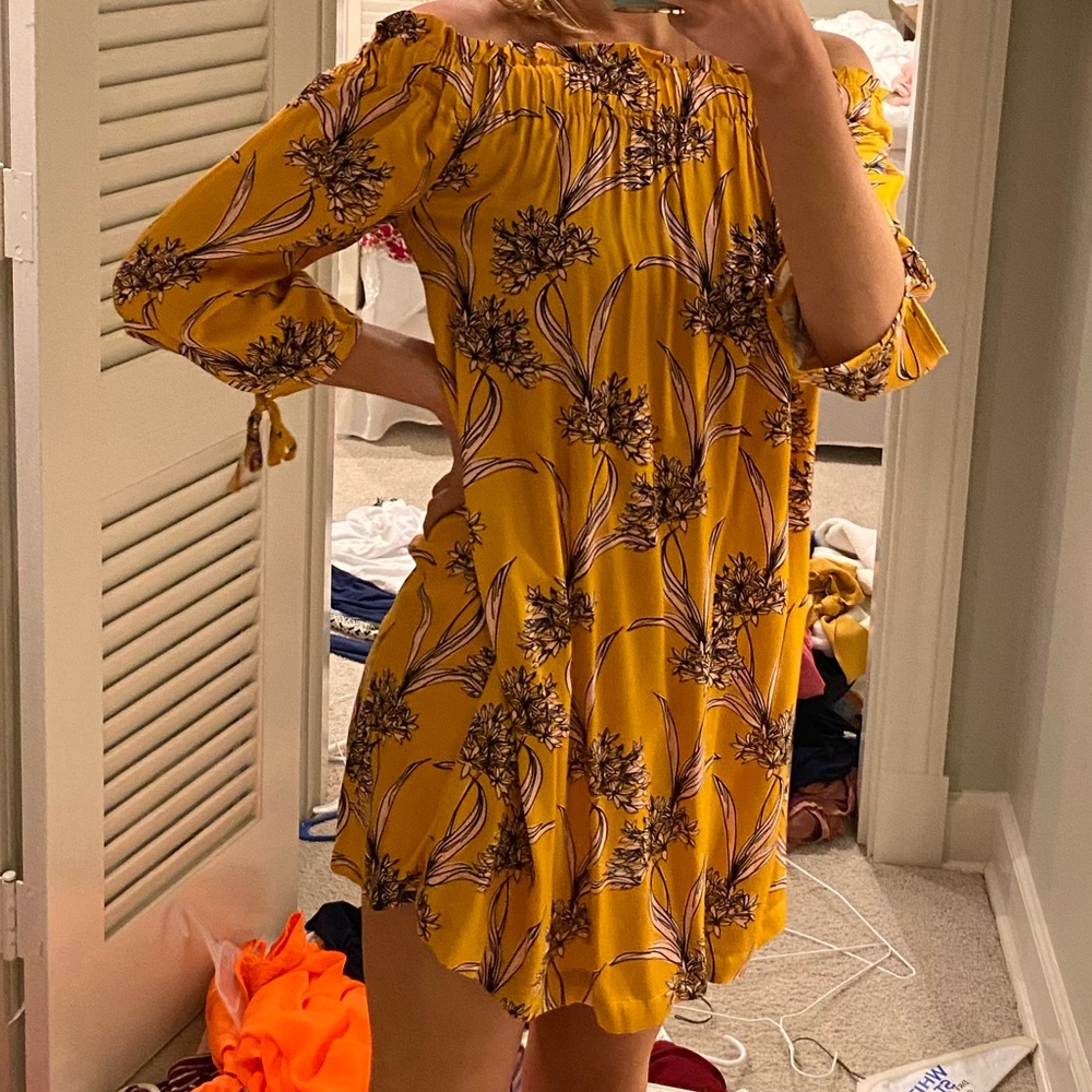 yellow floral off the shoulder mini dress